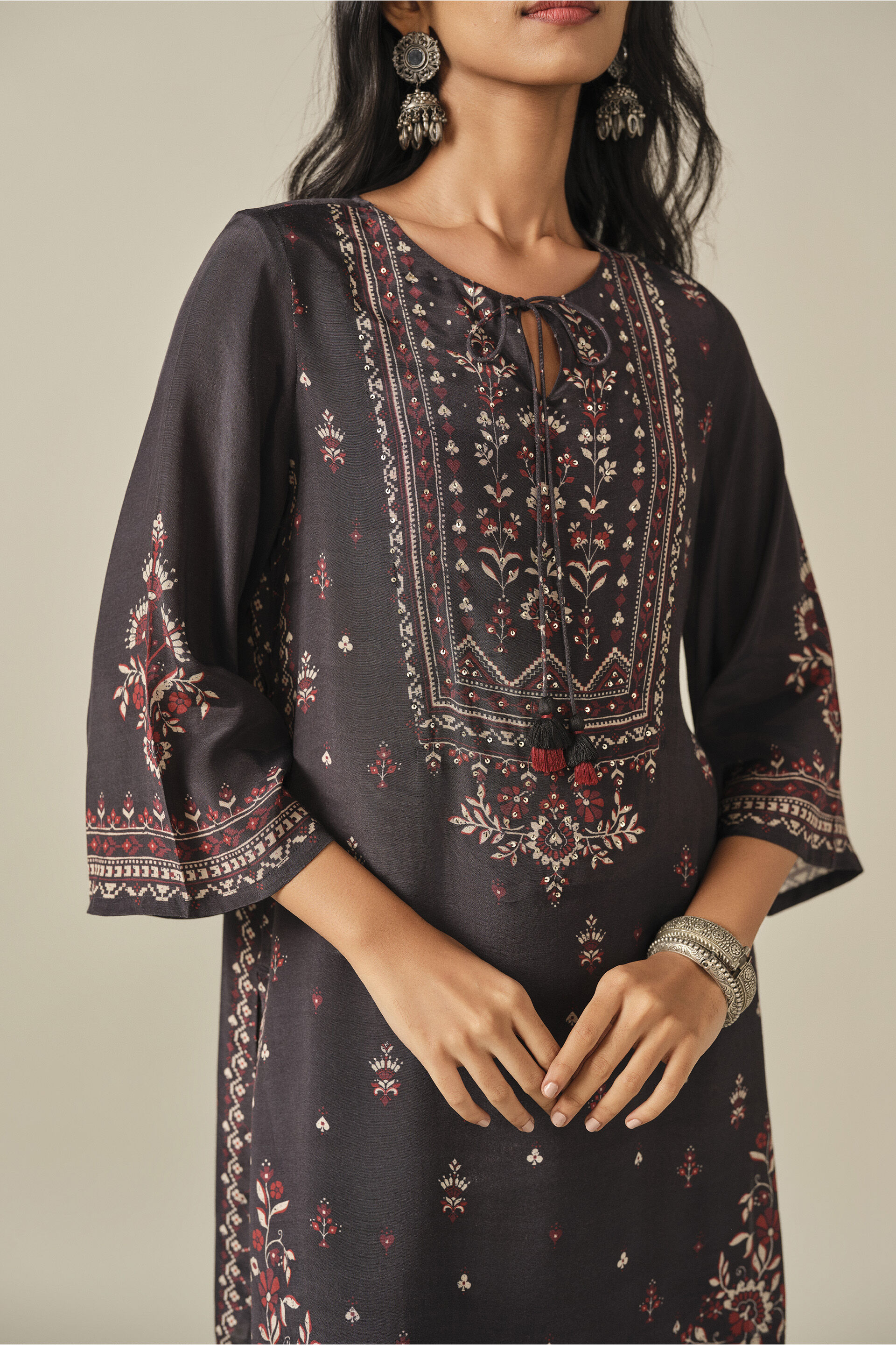 Printed Kurta Set in Black, Black, image 2